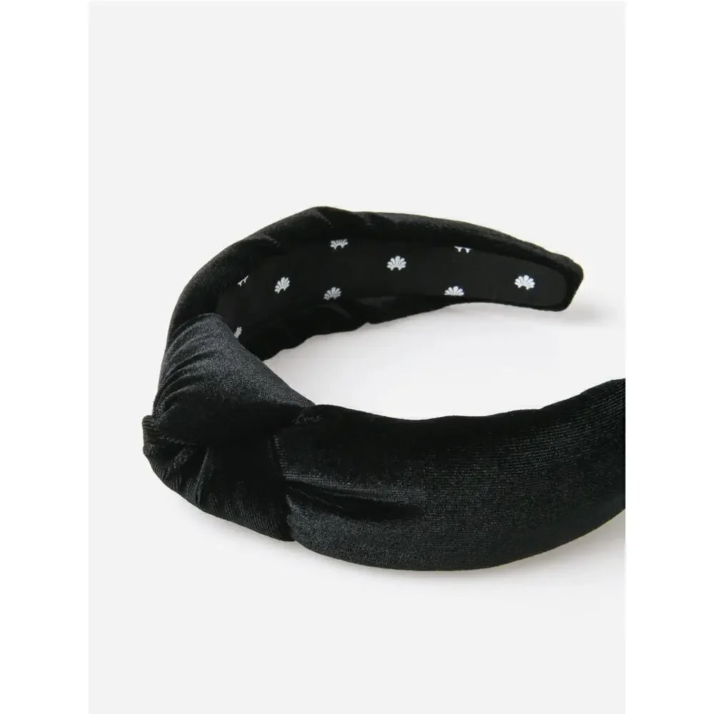 Lele Sadoughi Jet Black Velvet Knotted Headband Gold Logo NWT